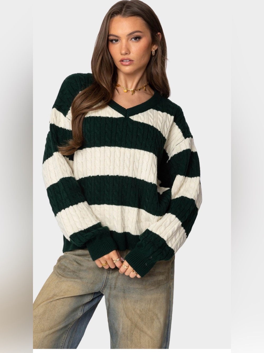 Striped V-Neck Cable Knit Sweater - Green & Cream Classic Preppy Oversized Med
